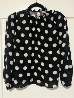 LOFT Black and White Polka Dot Ruffle-Neck Blouse